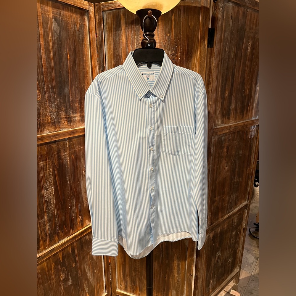 &Collar Men’s slim fit dress Range shirt, white and blue pinstripe, Medium